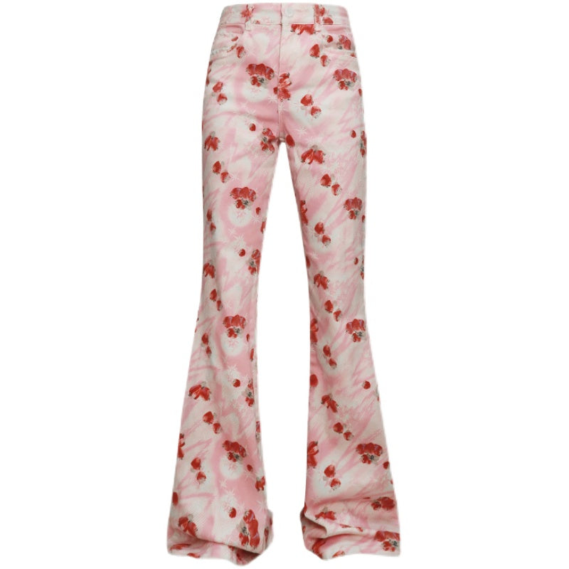 Strawberry Printed Denim Flare Pants