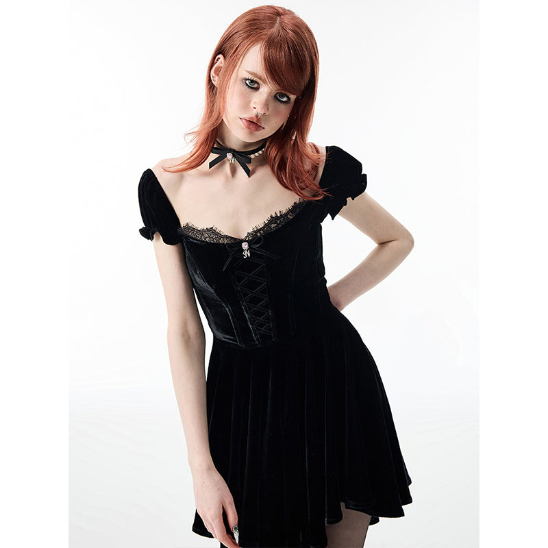 Velvet Noir Puff Sleeve Dress