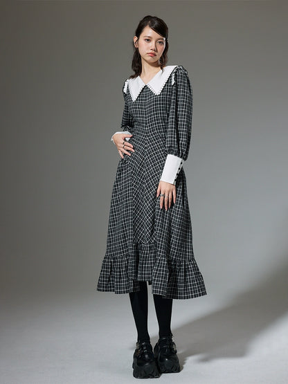 Retro Plaid - Large Lapel Long Dress