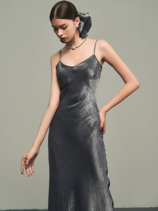 Silver V-Neck Silk Dress