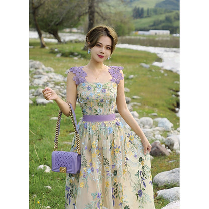 Flower Sea Heavy Mesh Embroidery Sling Dress