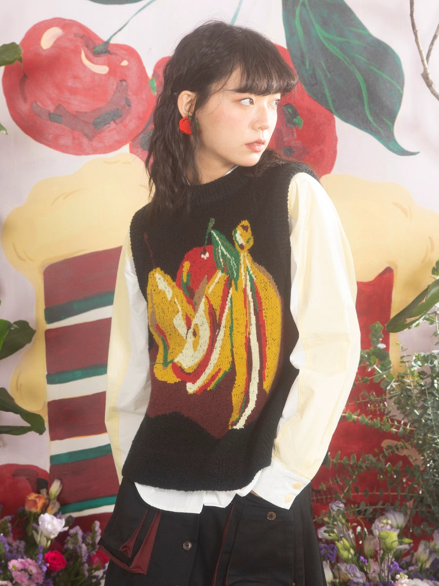 Fruit Jacquard Black Wool Vest Sweater