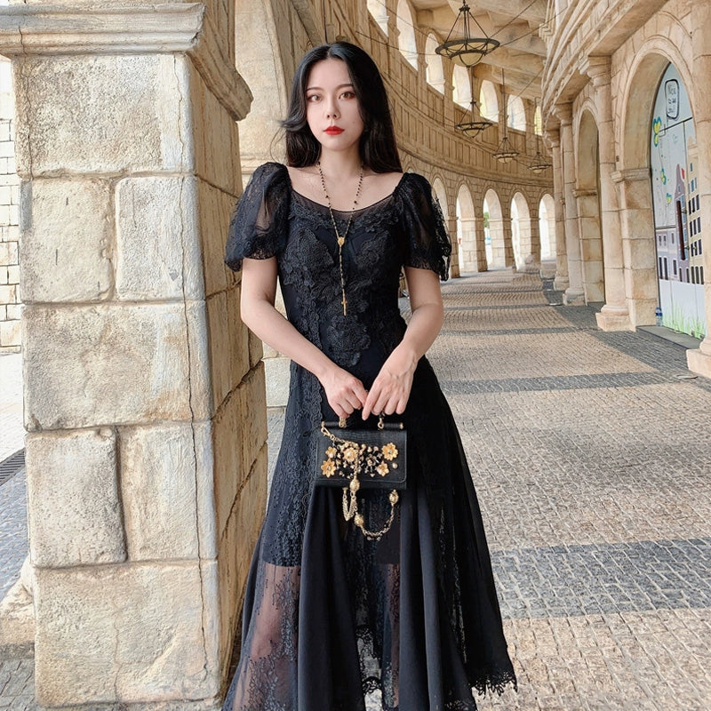 Black Datura Luxury Chiffon Lace Dress