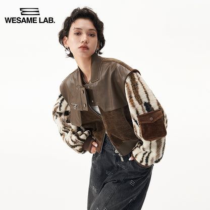 Retro High Street Leather Lamb Wool Splice Jacket