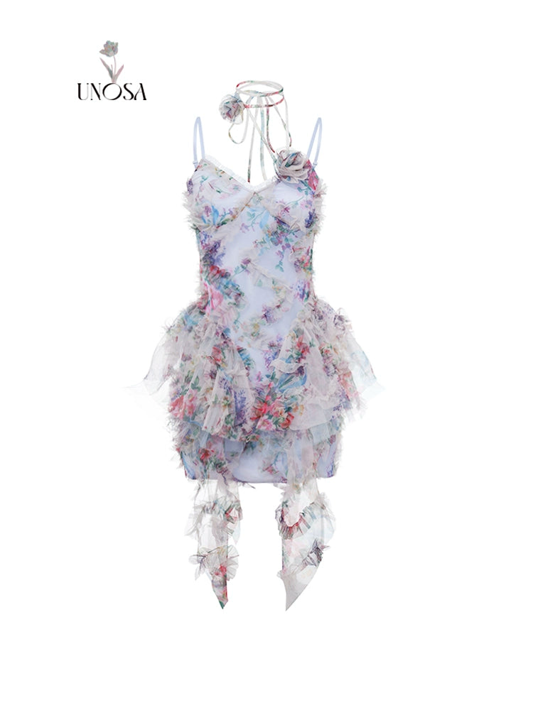 Original Design: 'Floating Light & Sweeping Shadow' 3D Ruffle Oil Painting Strap Dress