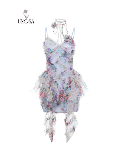 Original Design: 'Floating Light & Sweeping Shadow' 3D Ruffle Oil Painting Strap Dress