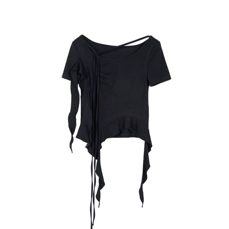 Элегантный французский черный топ: летняя футболка с коротким рукавом