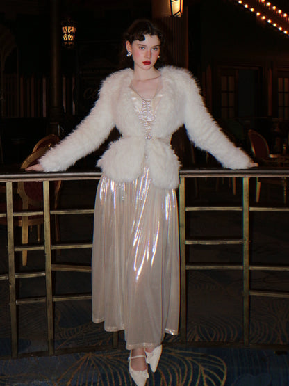 White Antique Faux Fur Thermal Jacket with Gold Belt Detail