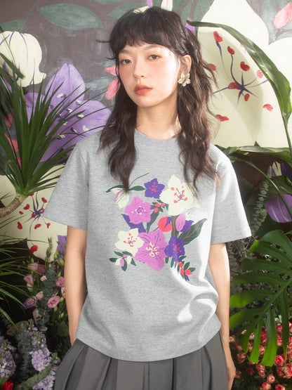 Oil Painting Cherry Blossom Grey T-shirt