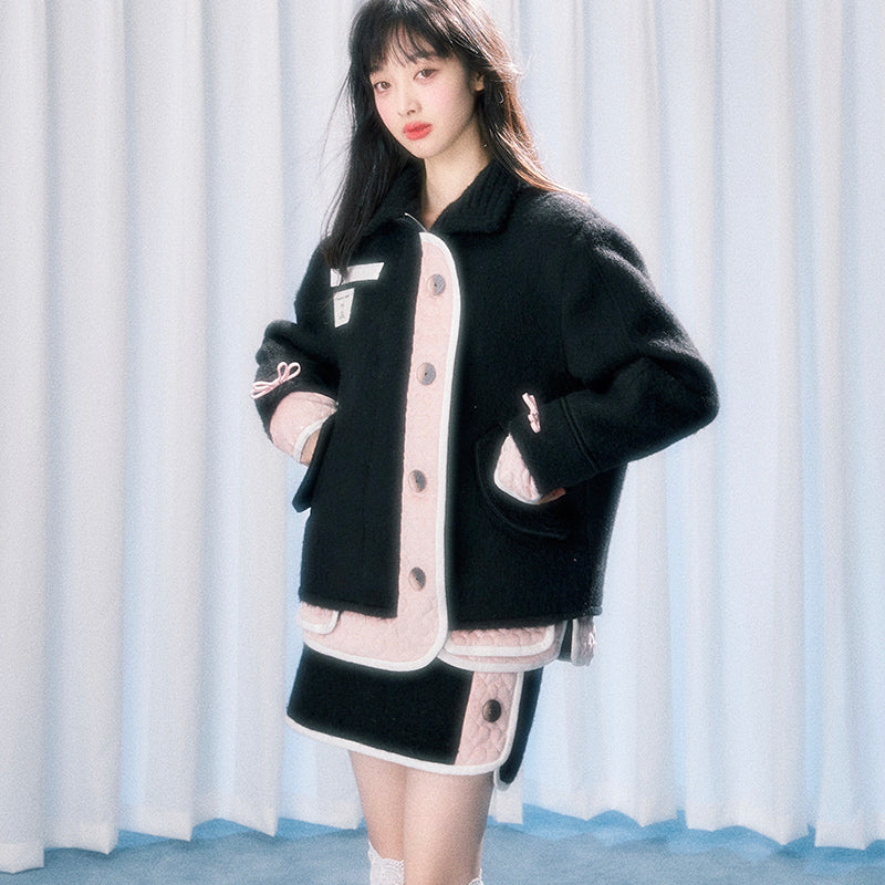Black Pink Wool Coat Set