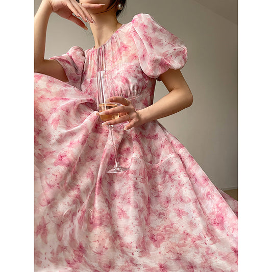 Spring Tea Skirt Print Pink Dress