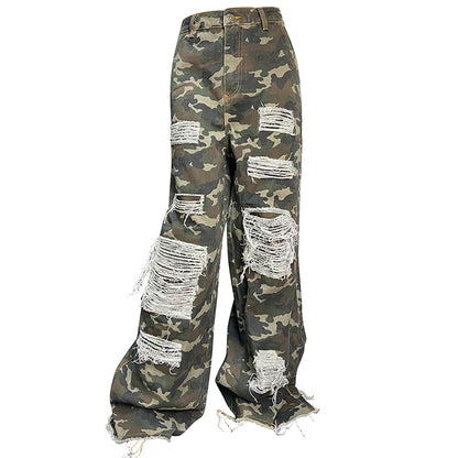 camouflage distressed detail wide leg jeans