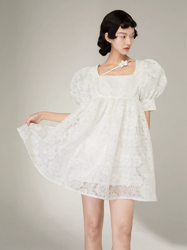 Embroidered Bubble Sleeve - Lace Dress