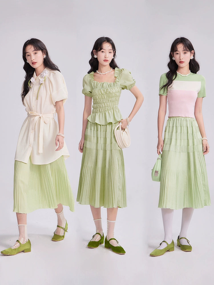 Green Fruit Dew Ruffle Shirt Skirt Set