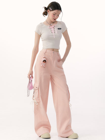 Pink High Waisted Wide Leg Workwear Pants - Women's