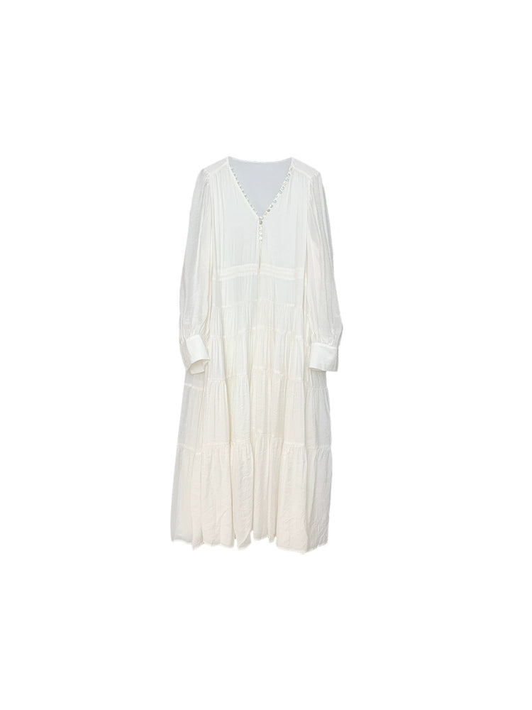 French Elegance: White Bubble Sleeve Dress