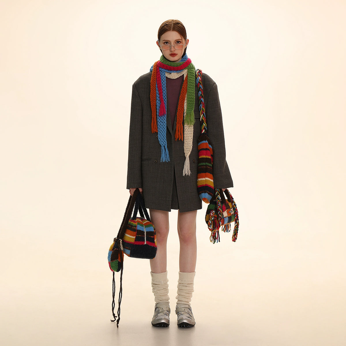 Rainbow Checkerboard Knitted Bag