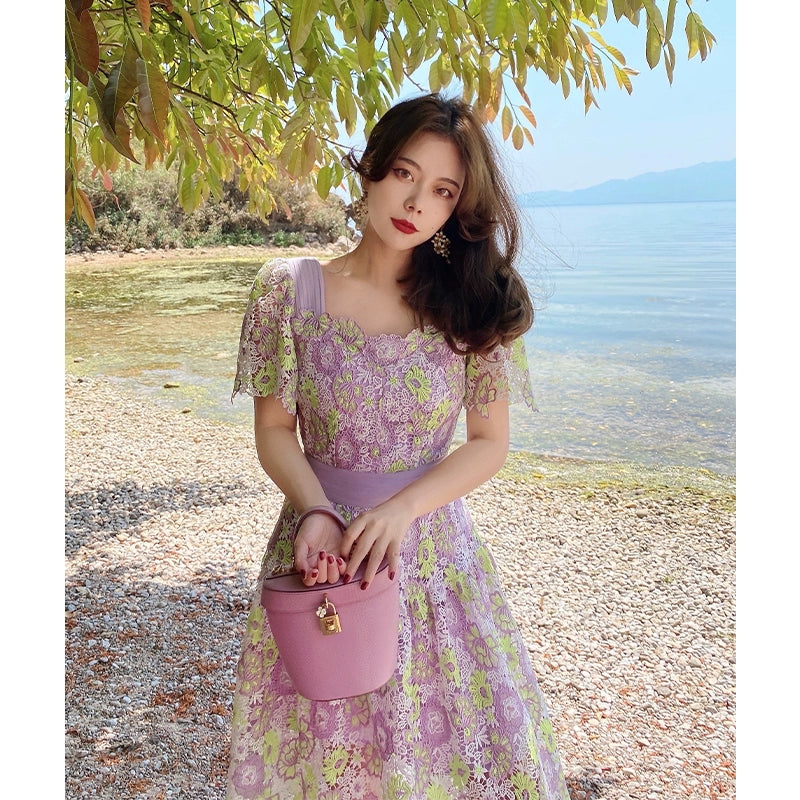 Lilac Flower Path Lace Slim Waist Dress