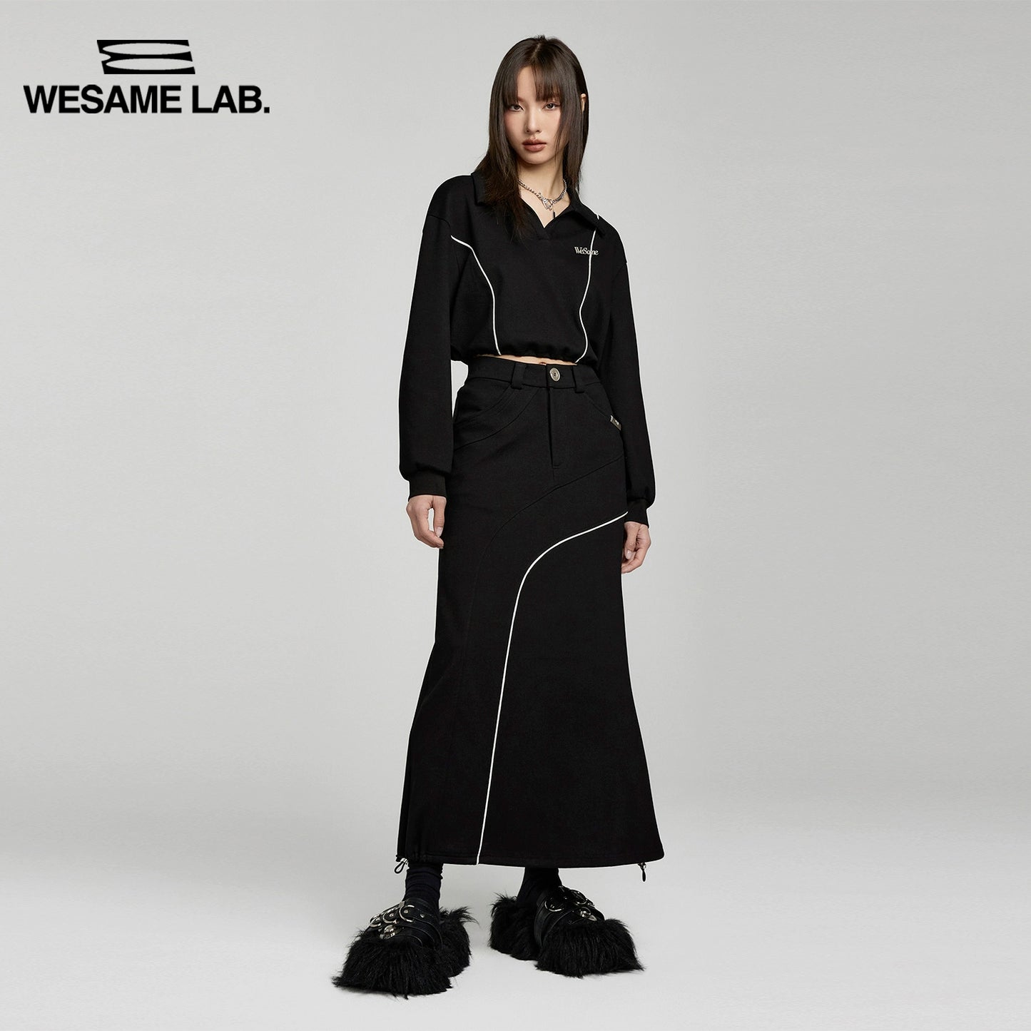 오리지널 디자인 패션 짧은 클립 니트 폴로 넥 스웨터 캐주얼 바지 반 치마 세트