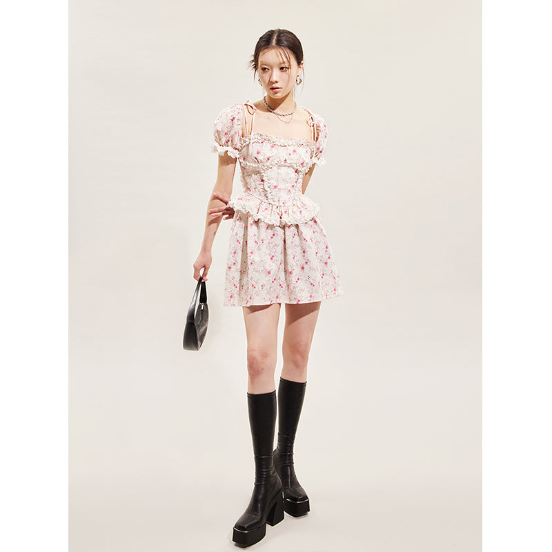 floral suspender princess sleeve dress