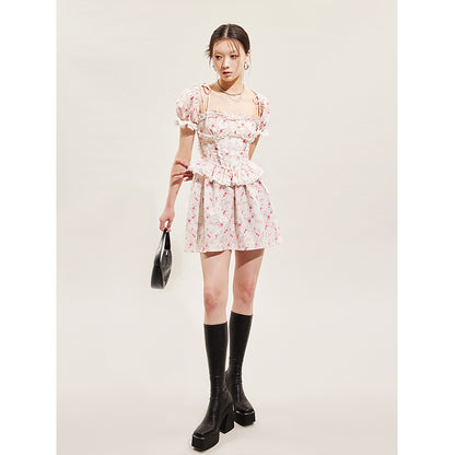 floral suspender princess sleeve dress