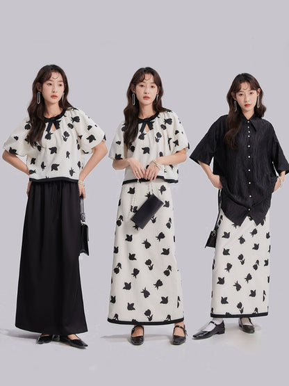 Original Design Wind Blows Tulip Contrast Sticker Embroidery Lantern Sleeve T-shirt Half Skirt Set