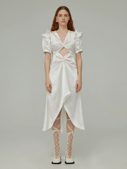 White Hollow Bubble Sleeve Dress