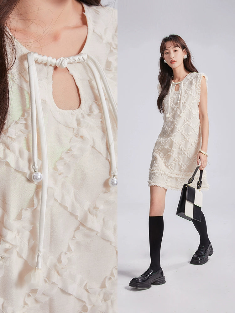Ear Ear Original Design: An Atmosphere Trial: Ling Ge Glass Yarn Lace up Disc Button Sleeveless Dress