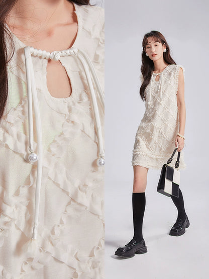 Ear Ear Original Design: An Atmosphere Trial: Ling Ge Glass Yarn Lace up Disc Button Sleeveless Dress