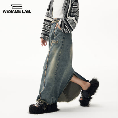 Retro Fur Edge Split Washed Denim Long Skirt