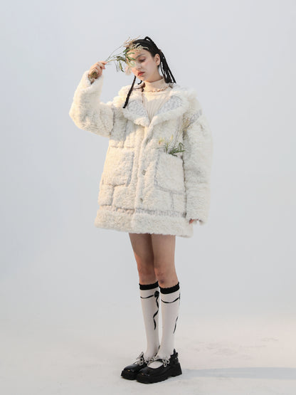 Milk Rabbit Jacquard Coat - Fur Accented Retro