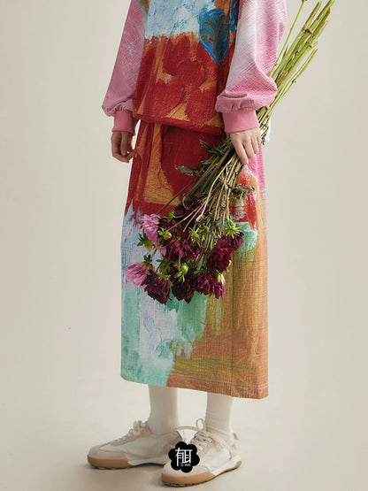 Original Design x Half Smile Fairy Guardian Oil Painting Print Sweater Half Skirt Two Piece Set