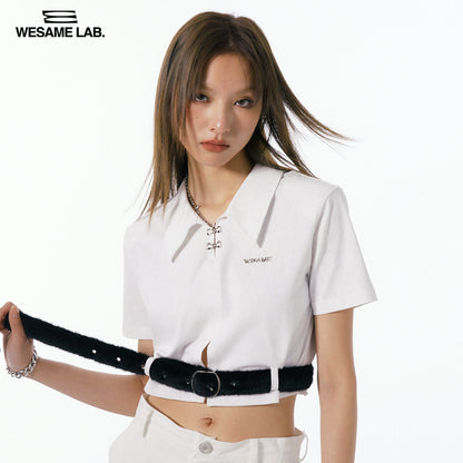 Imitation Sable Belt Shoulder Pad Hollow White Polo Short Sleeve