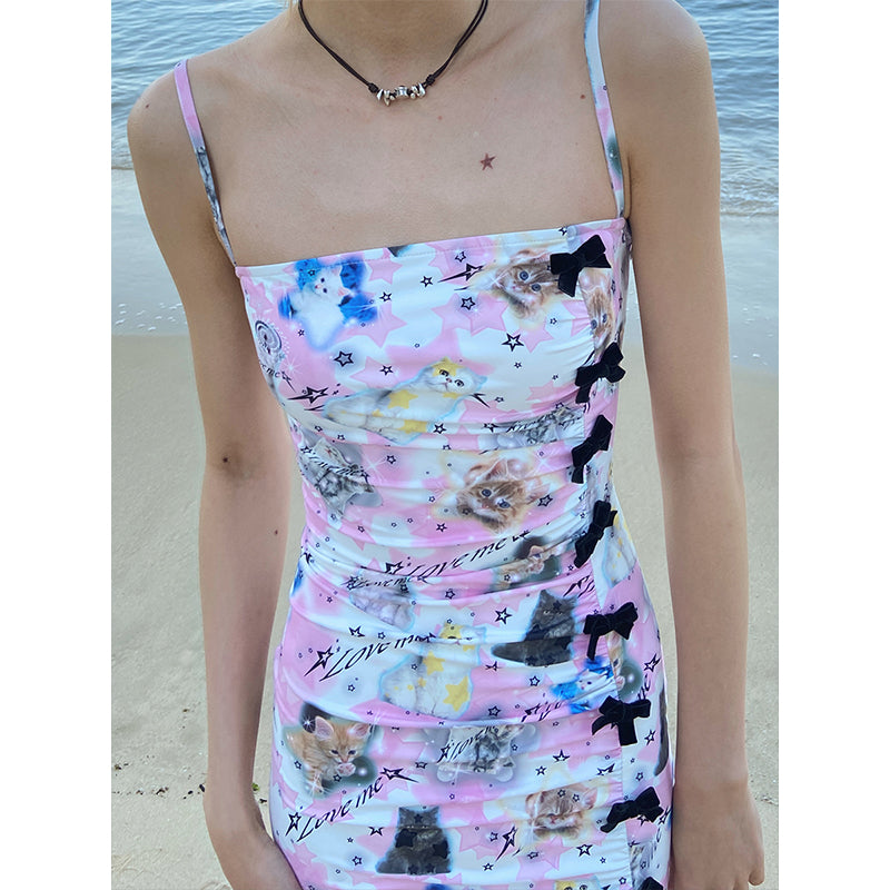 LOVE ME Cat Print Split Skinny Dress