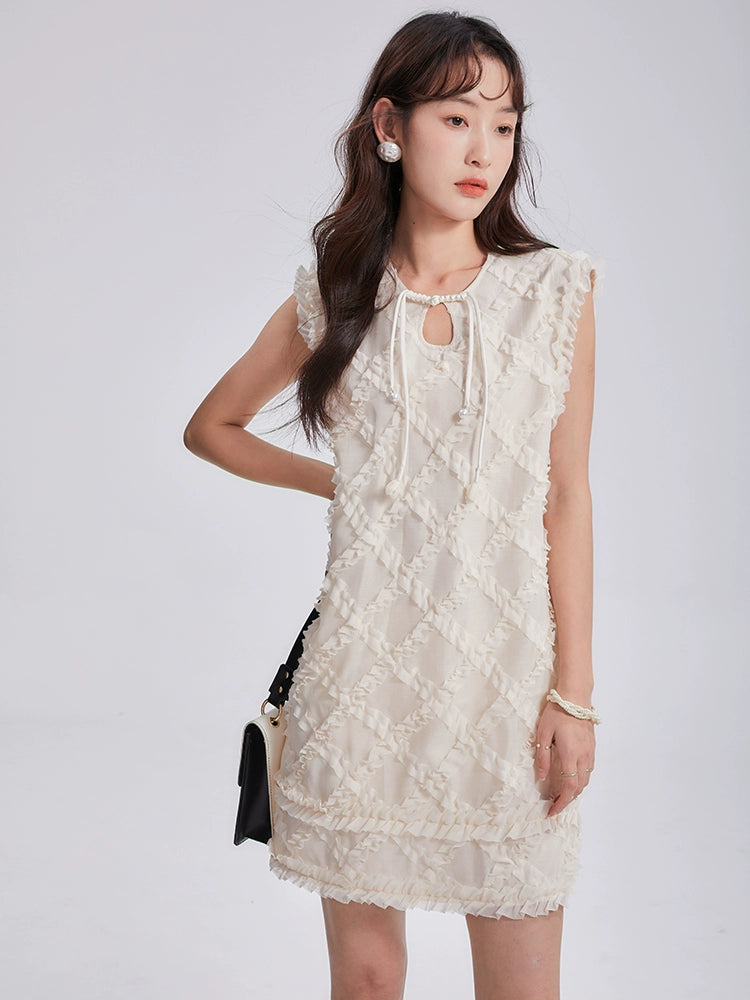 Ear Ear Original Design: An Atmosphere Trial: Ling Ge Glass Yarn Lace up Disc Button Sleeveless Dress