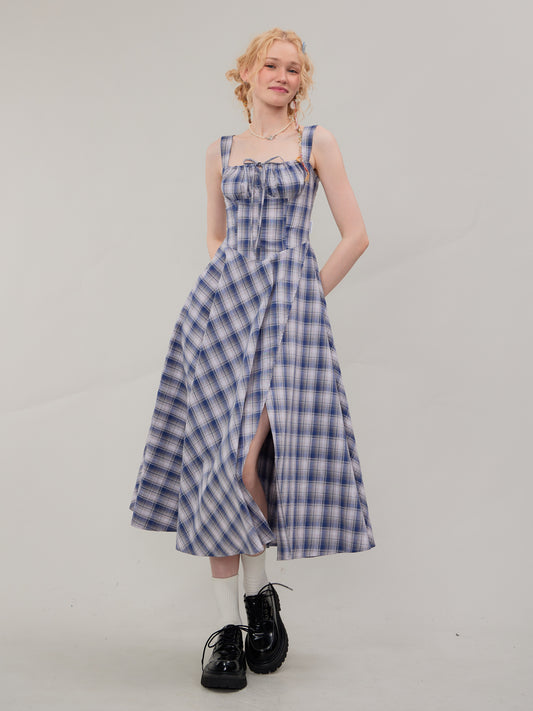 Square Neck Blue Plaid Split Dress - Retro Style