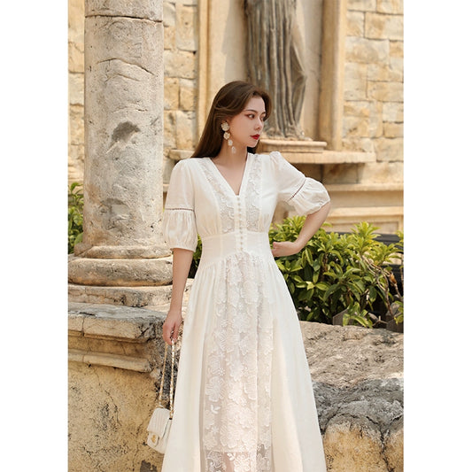 White Moon Cotton & Hemp Lace Splice Dress