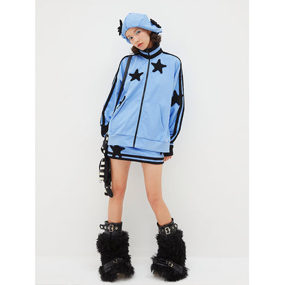 Blue Contrast Sweater Coat with Five Point Star Decoration