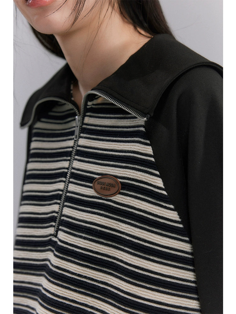 Striped Lapel - Black Hoodie with Zipper