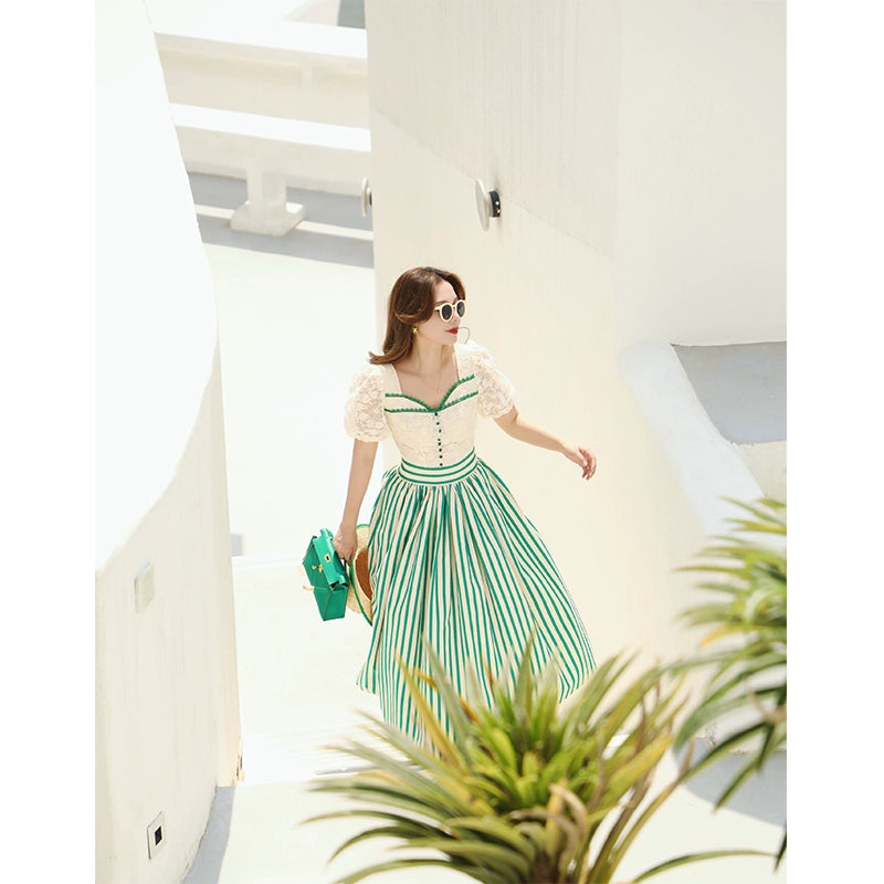 Breeze Green Lace Top & Striped Skirt Set