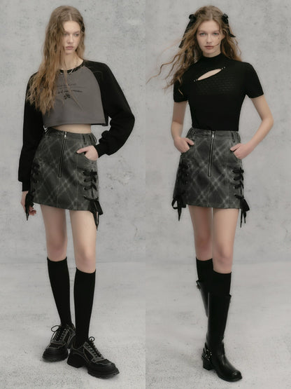 Plaid Denim Strap Half Skirt