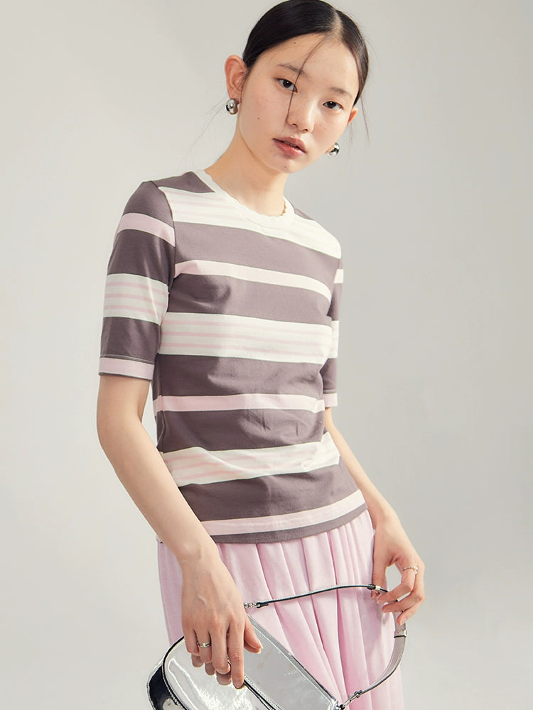 Chill, retro pink brown striped petal threaded collar, long sleeved, short sleeved T-shirt