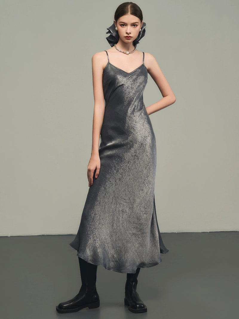 Silver V-Neck Silk Dress