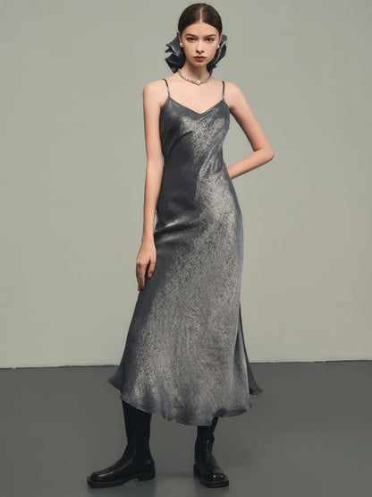 Silver V-Neck Silk Dress