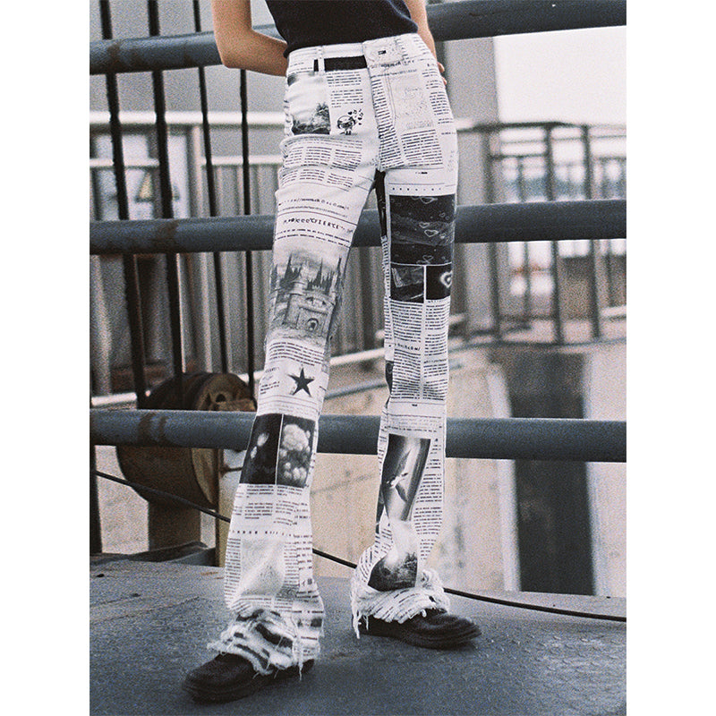 Mars Space Station Theme Printed Newspaper Jeans