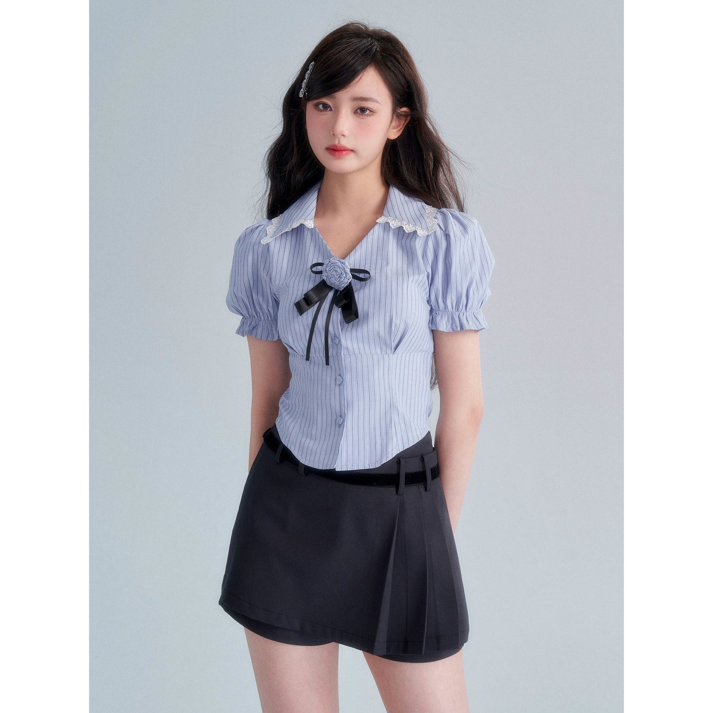 Stripe Rose Lace Short Sleeve Shirt