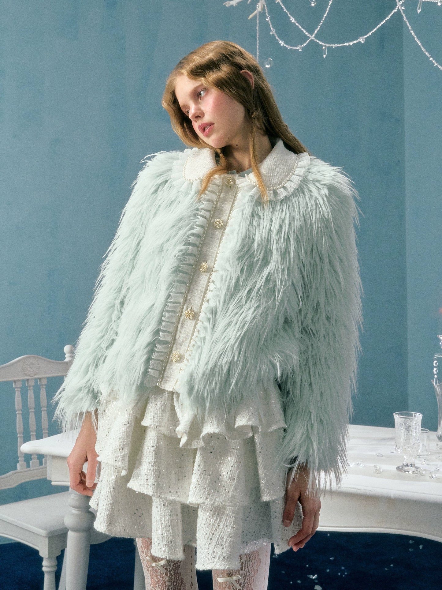 Pearl Lace Short Faux Fur Coat