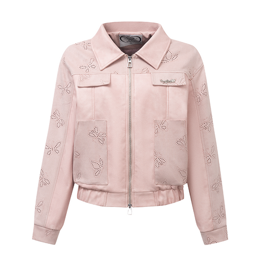 Pink Butterfly Leather Set: Jacket & Skirt
