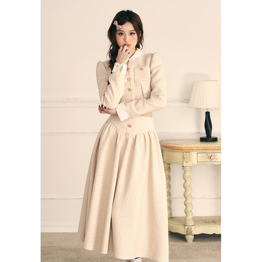 Gold Button Coat & Long Skirt Set