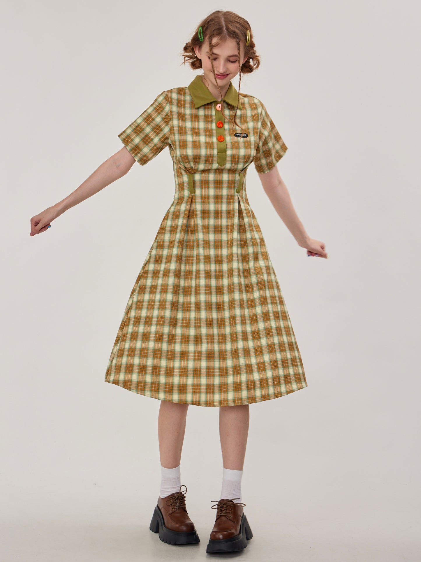 Cow Oil Green Plaid Polo Collar Dress - Retro Style